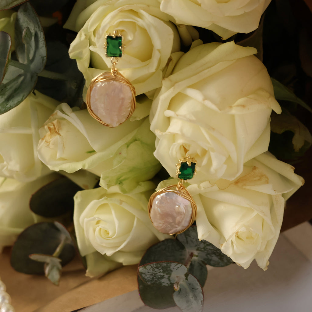 Verde Gem Baroque pearl earrings handmade