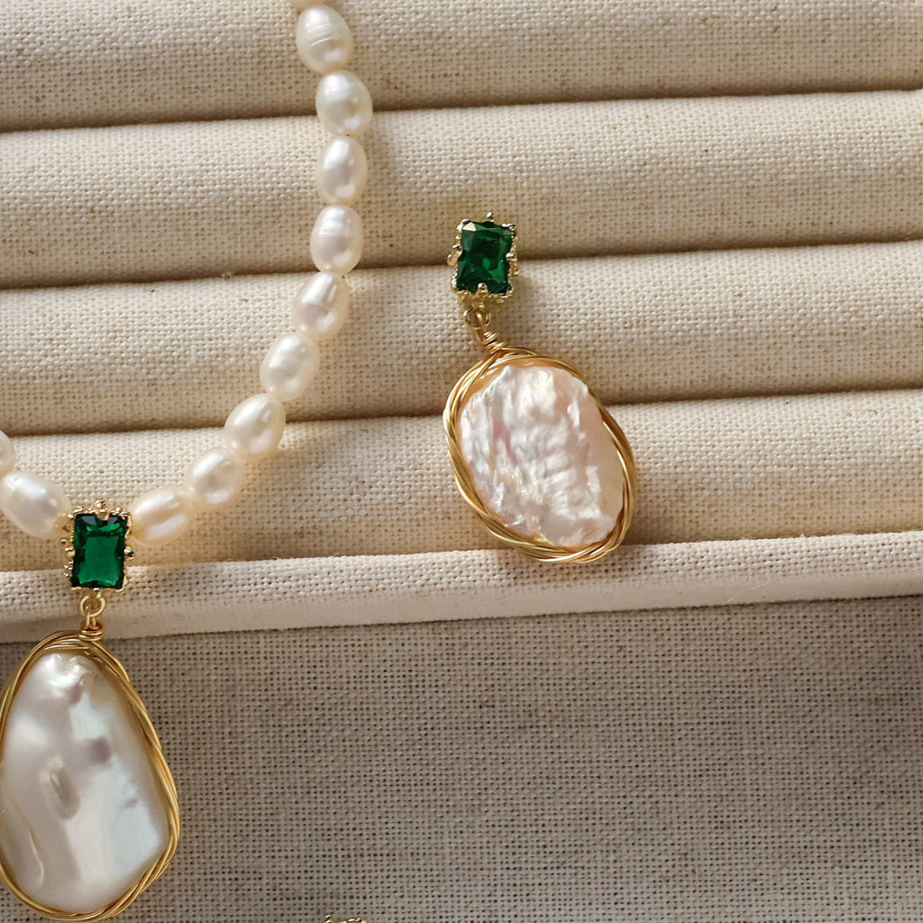 Verde Gem Baroque pearl earrings handmade