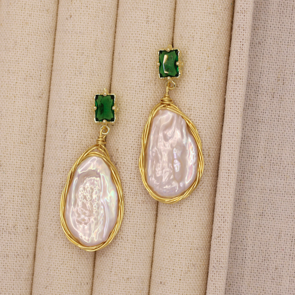 Verde Gem Baroque pearl earrings handmade