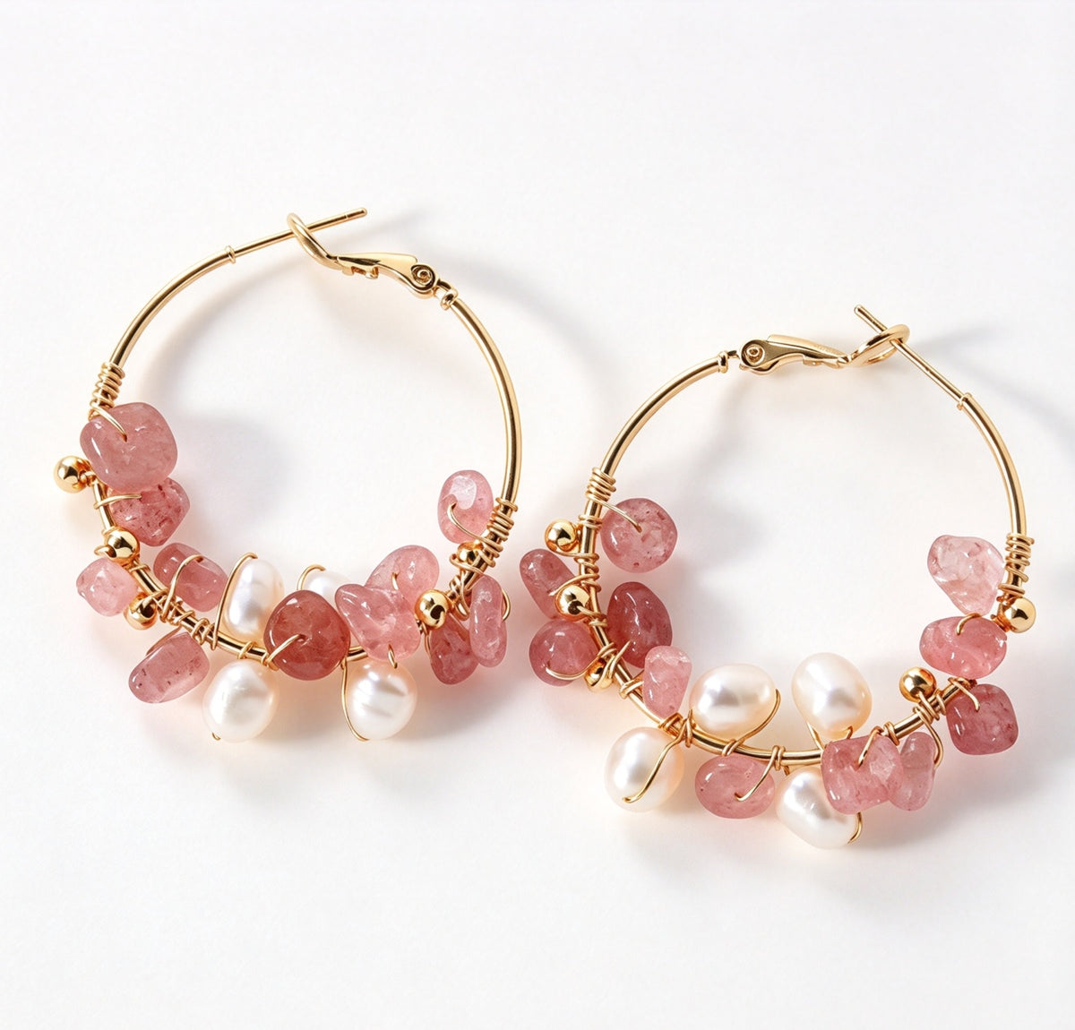 Strawberry Quartz & Freshwater Pearl Gold Hoop Earrings