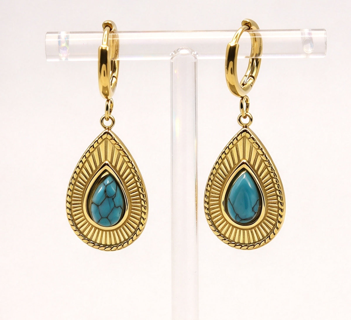 Teardrop Turquoise Sunburst Gold Earrings