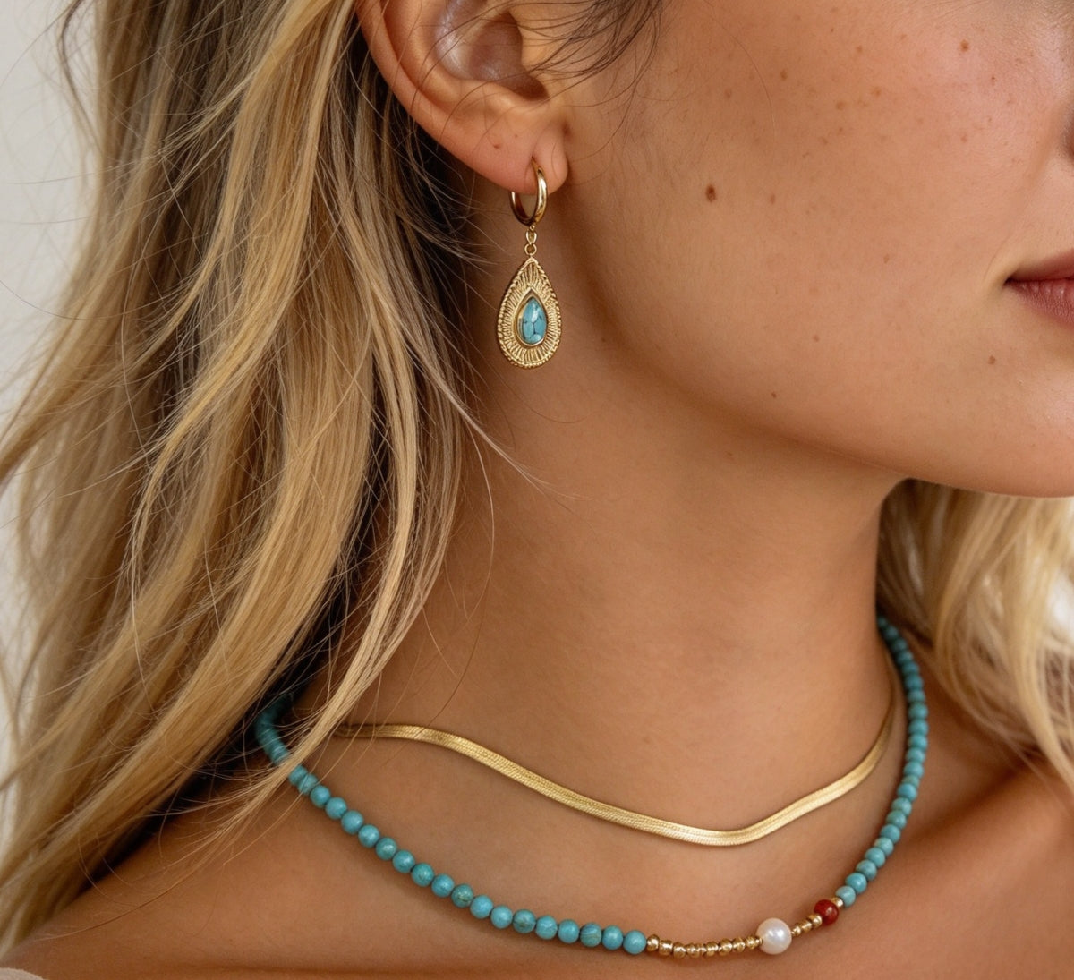 Teardrop Turquoise Sunburst Gold Earrings