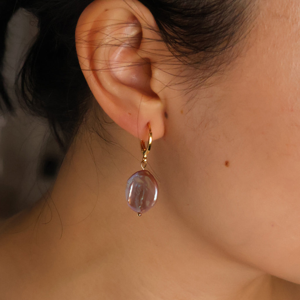 Button pearl huggies earrings