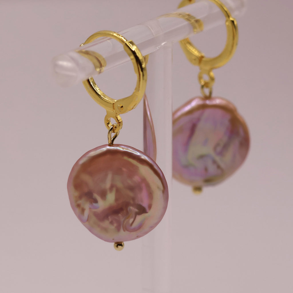 Button pearl huggies earrings