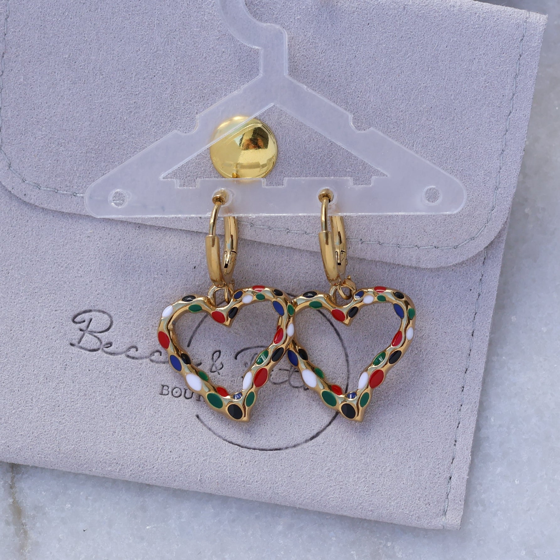 Colorful heart gold plated huggies earrings