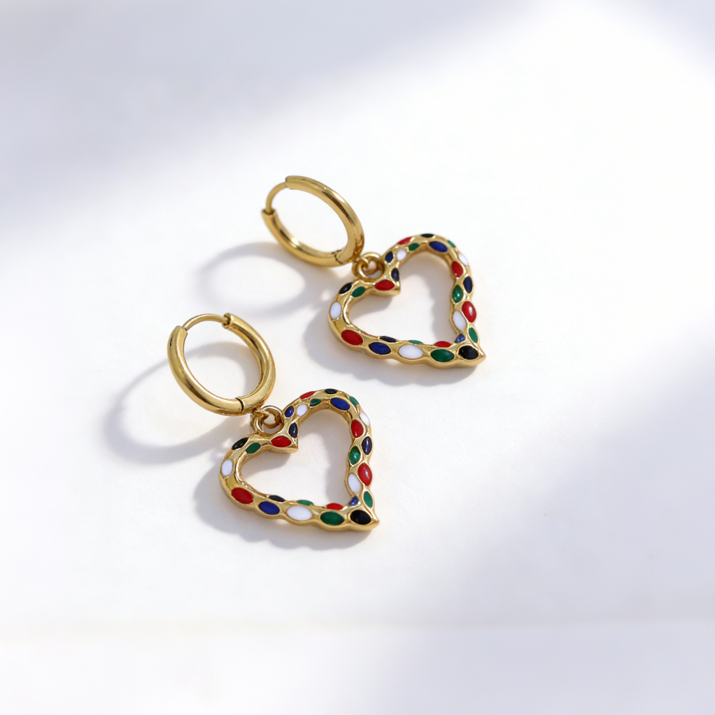 Colorful heart gold plated huggies earrings