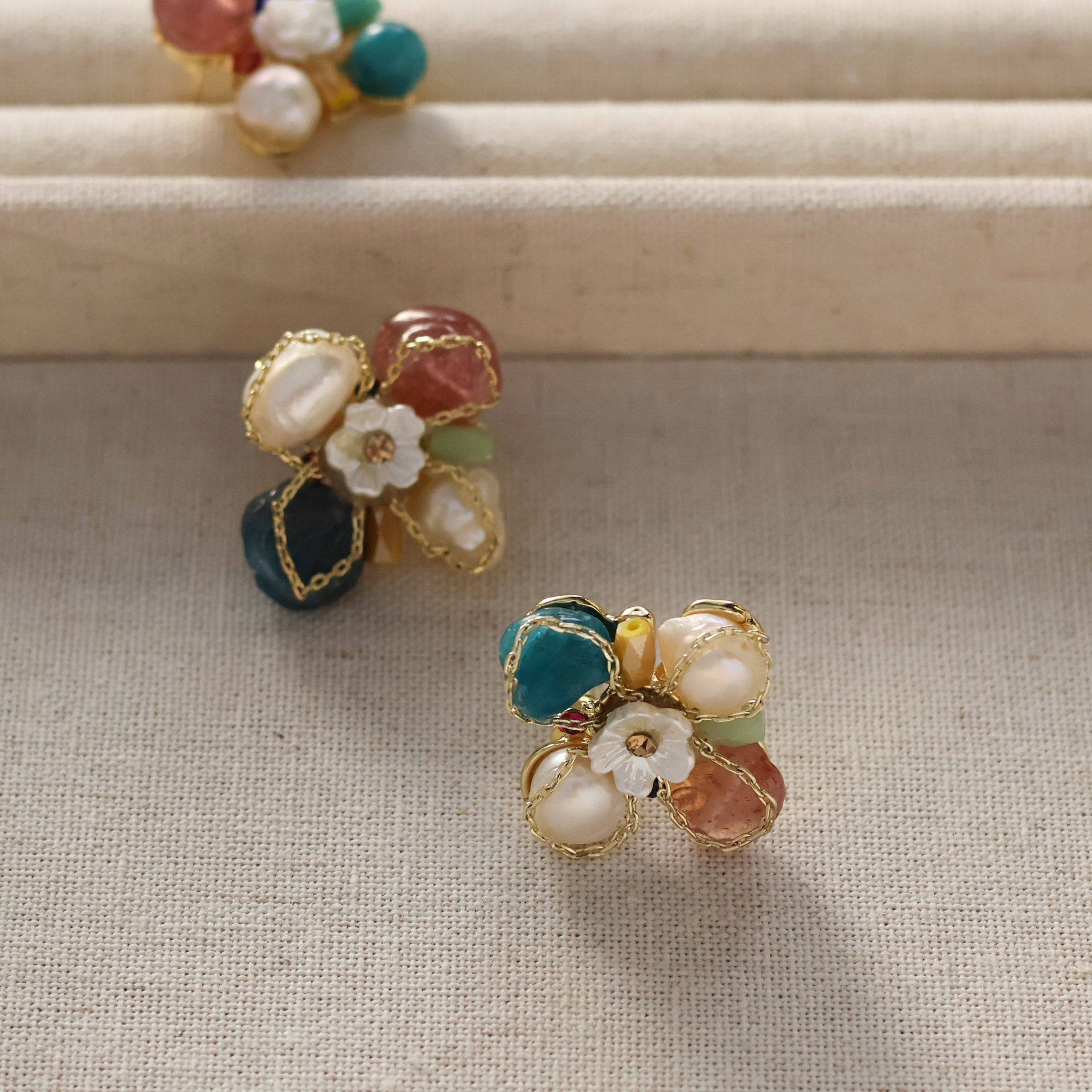 Camellia flower stud earrings with freshwater pearl