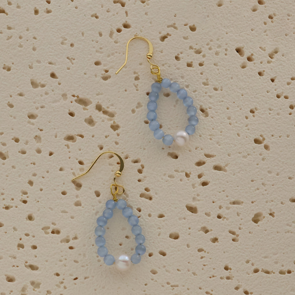 Isla | Blue Aquamarine Beaded Teardrop Hoop Pearl Drop Earrings