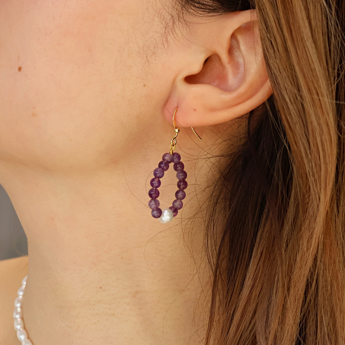 Isla | Amethyst Beaded Teardrop Hoop Pearl Drop Earrings Handmade
