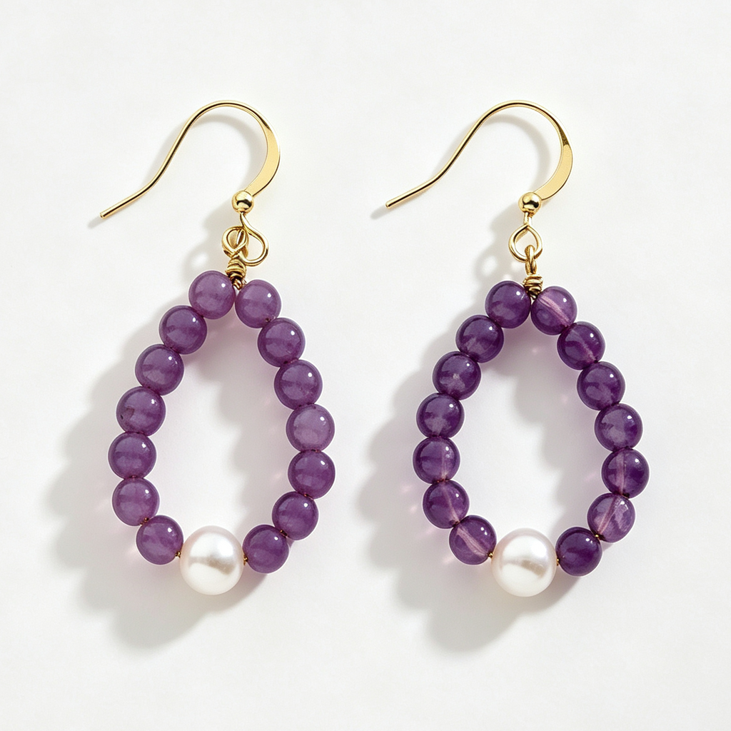Isla | Amethyst Beaded Teardrop Hoop Pearl Drop Earrings Handmade