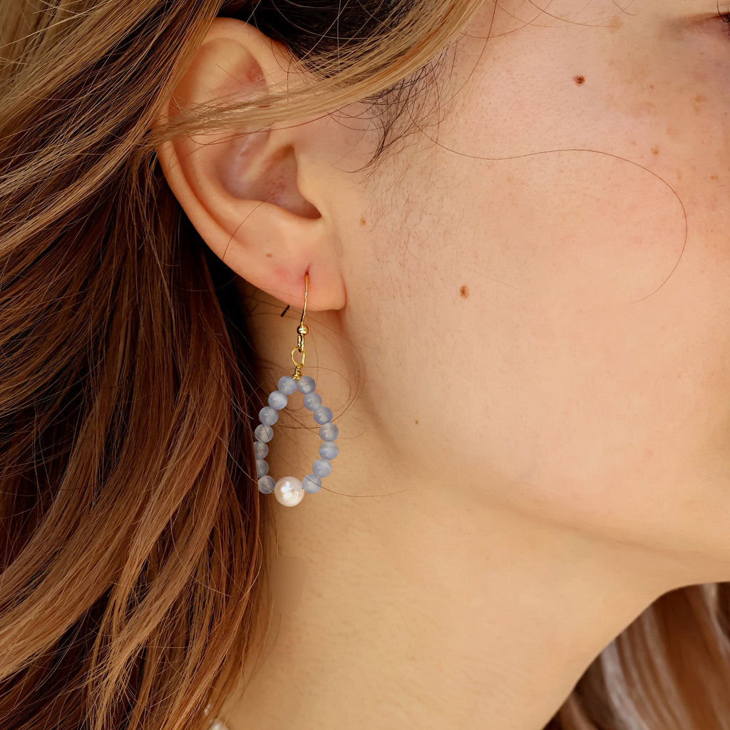 Isla | Blue Aquamarine Beaded Teardrop Hoop Pearl Drop Earrings