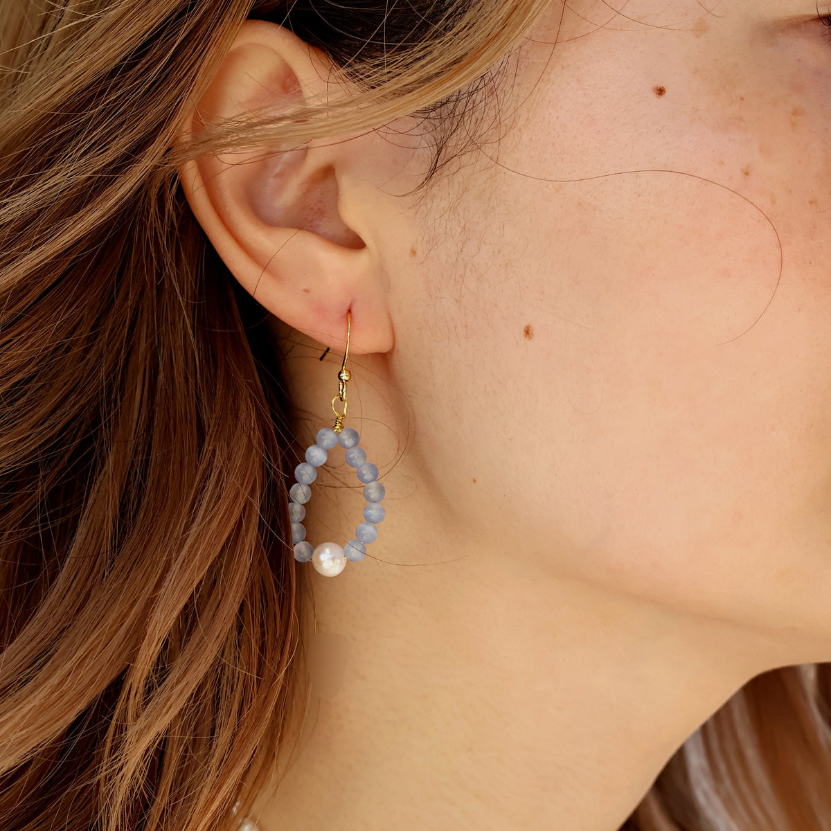 Isla | Blue Aquamarine Beaded Teardrop Hoop Pearl Drop Earrings