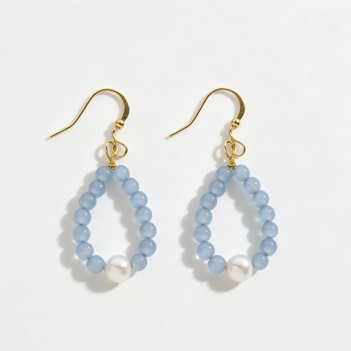 Isla | Blue Aquamarine Beaded Teardrop Hoop Pearl Drop Earrings