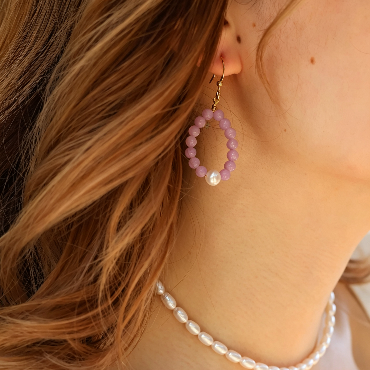 Isla handmade lavender angelite stone earrings with freshwater pearl