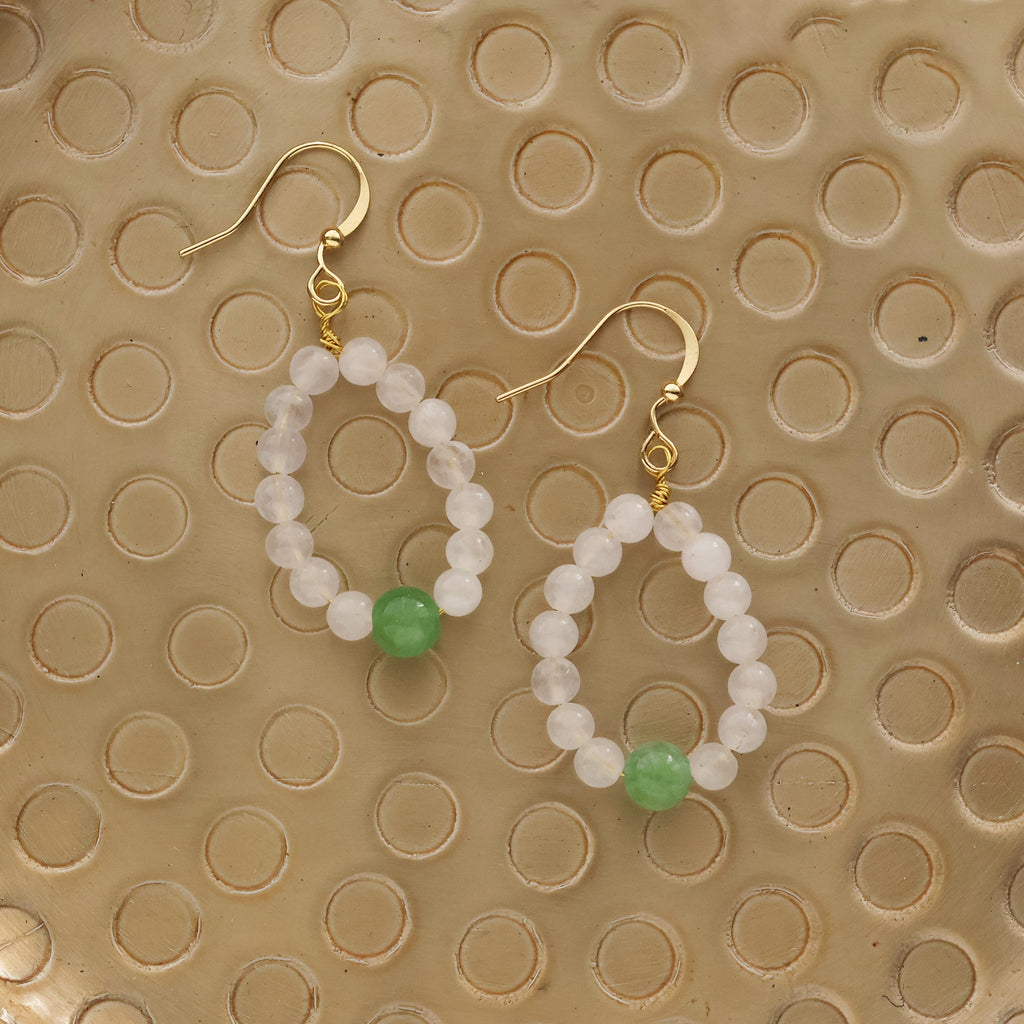 Isla | White Jade & Green Aventurine Beaded Teardrop Hoop Earrings