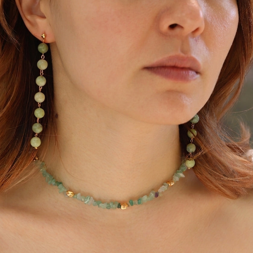 Lush Drop Jade Long Drop Earrings | Handmade Green Bead Linear Earrings