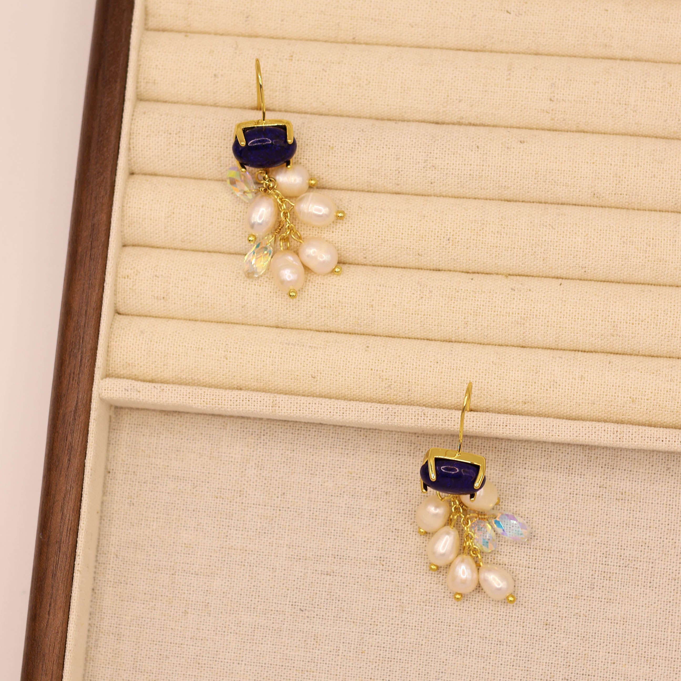Indigo bellflower freshwater pearl drop earrings