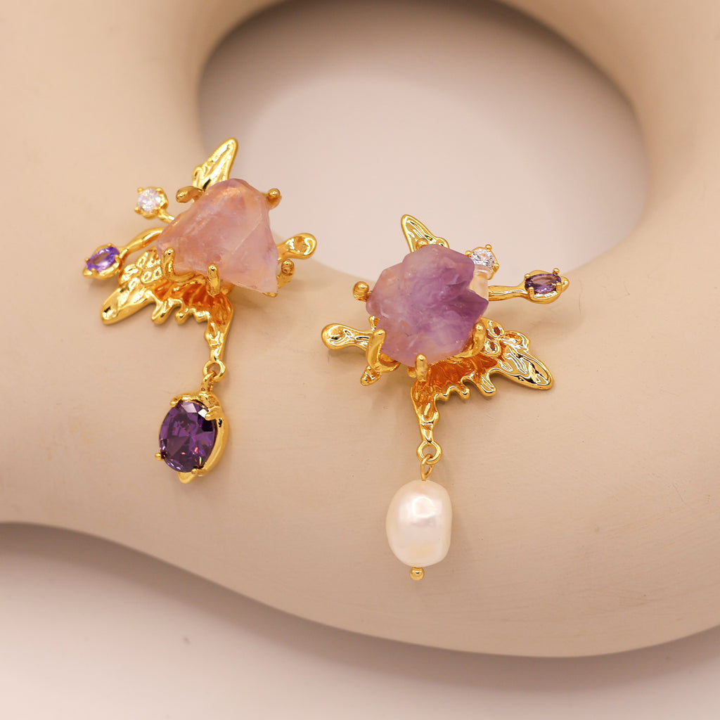 Amethyst Butterfly Earrings with freshwater pearl