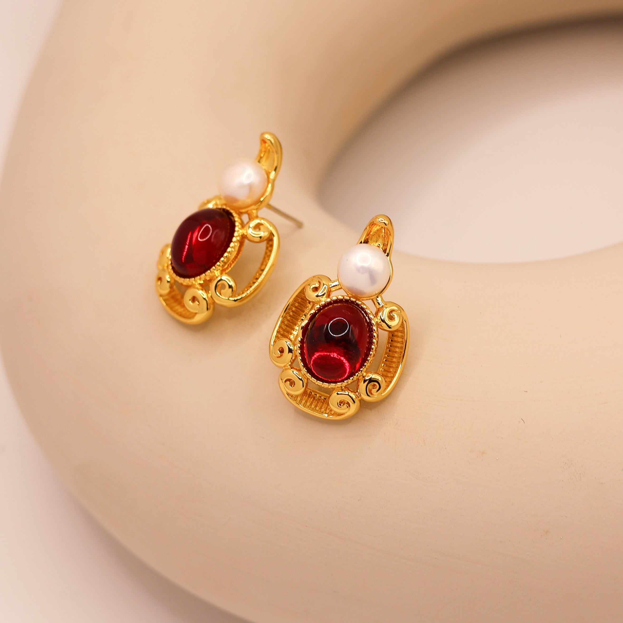 Rowan Dark Ruby Glaze Pearl Stud Earrings