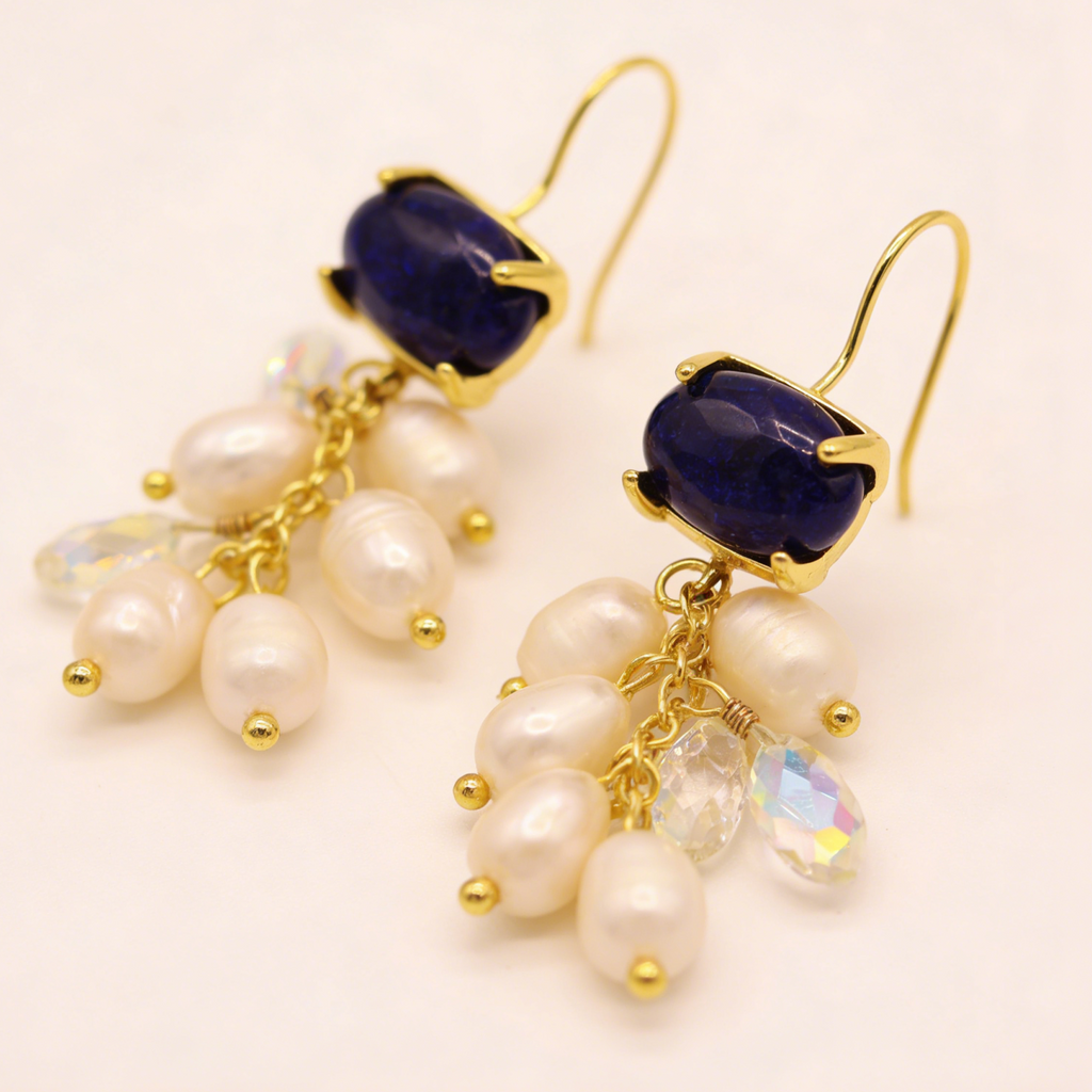 Indigo bellflower freshwater pearl drop earrings