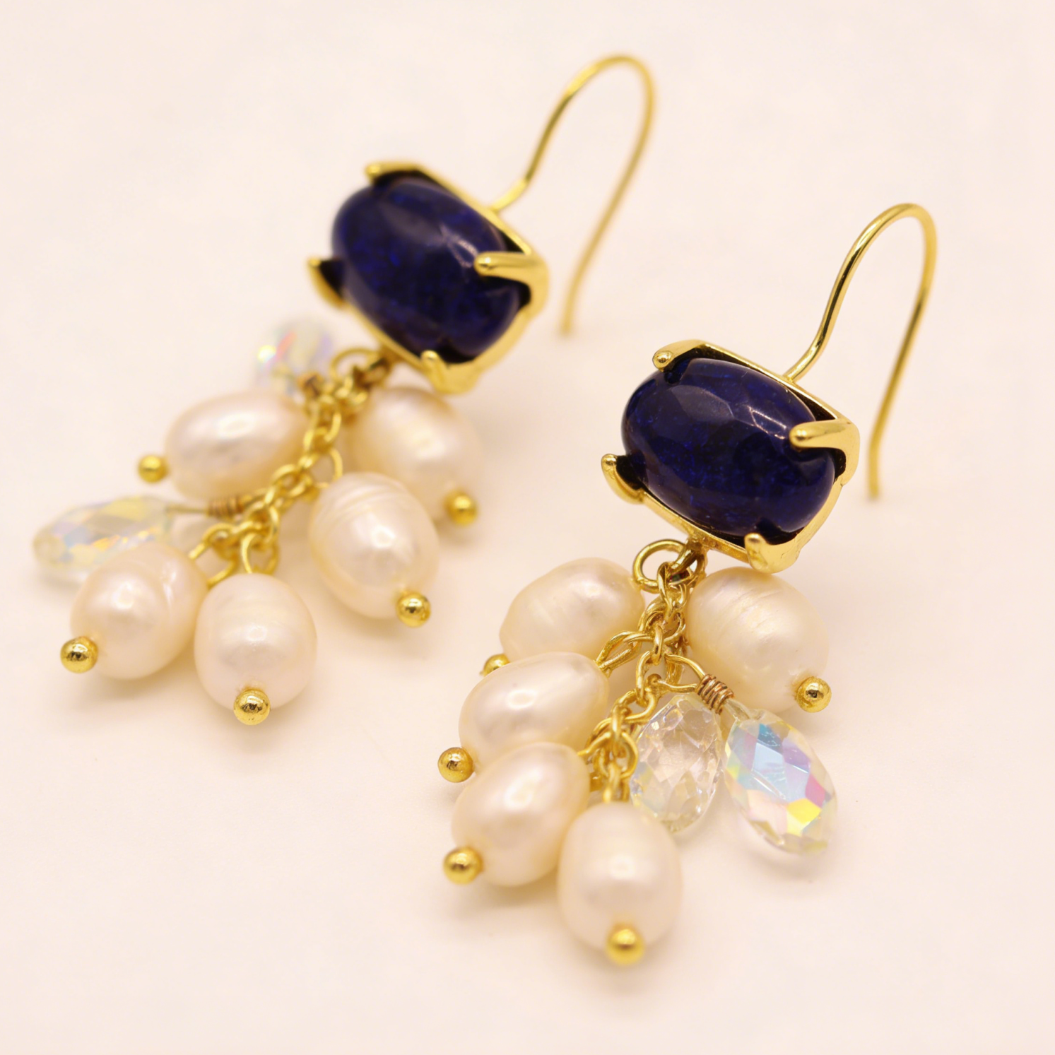 Indigo bellflower freshwater pearl drop earrings