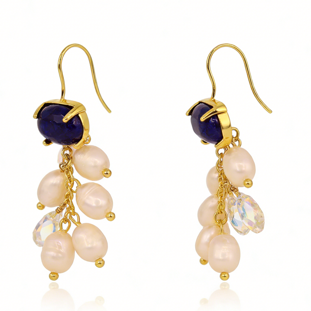 Indigo bellflower freshwater pearl drop earrings