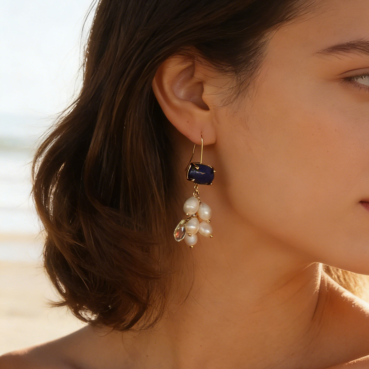 Indigo bellflower freshwater pearl drop earrings