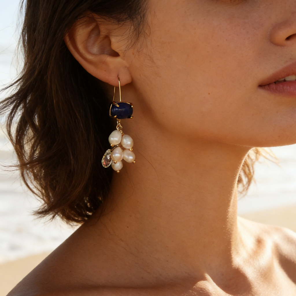 Indigo bellflower freshwater pearl drop earrings