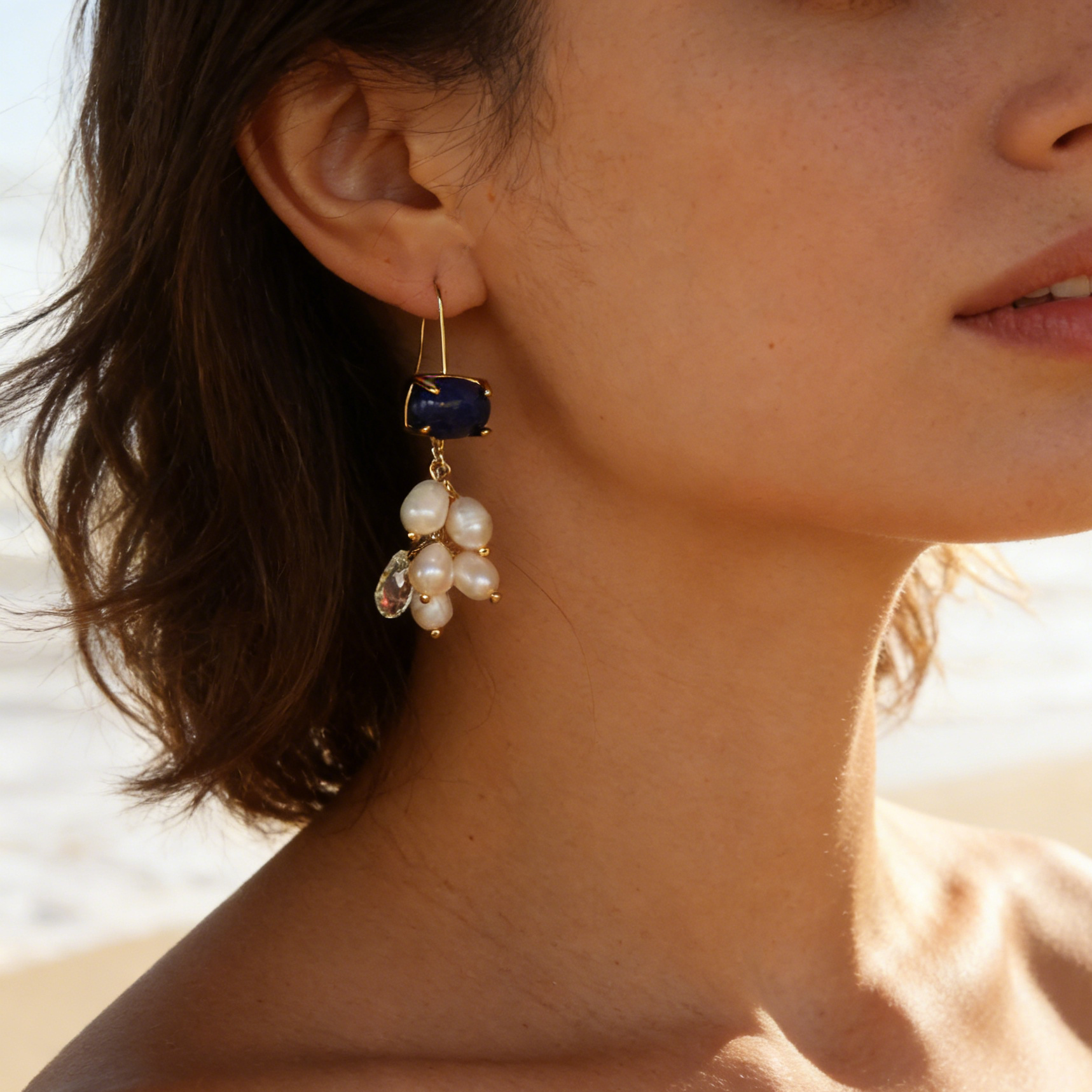 Indigo bellflower freshwater pearl drop earrings