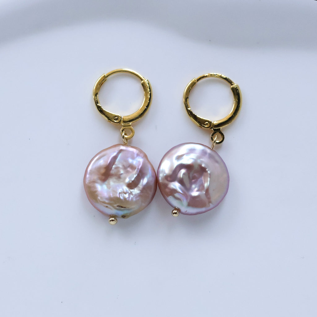 Button pearl huggies earrings