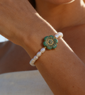 Freshwater Pearl Bracelet with Green Flower Charm