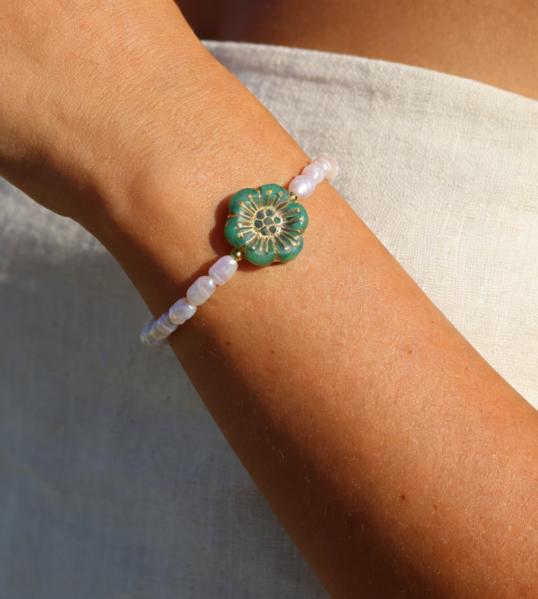Freshwater Pearl Bracelet with Green Flower Charm
