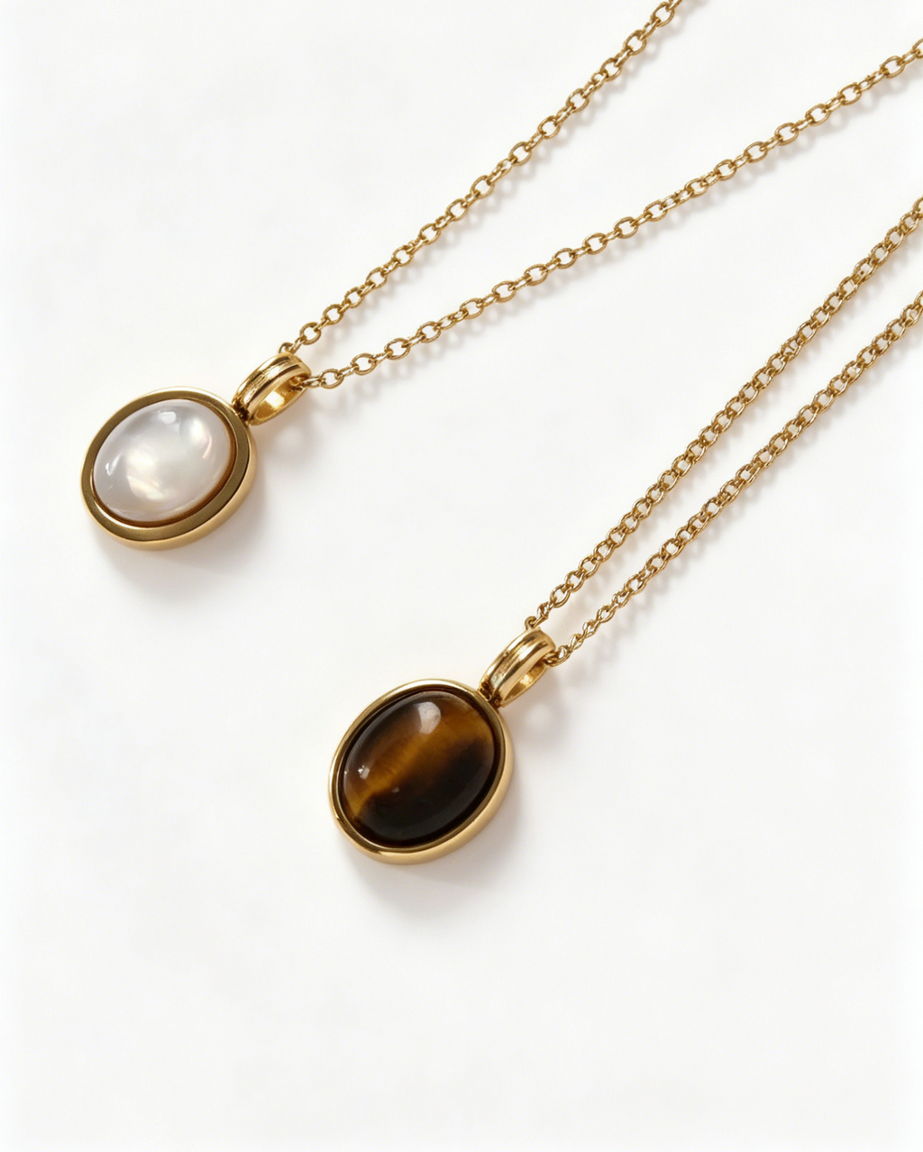 Gold-Plated Stainless Steel Gemstone Pendant Necklace - Tiger's Eye & Mother of Pearl Variants