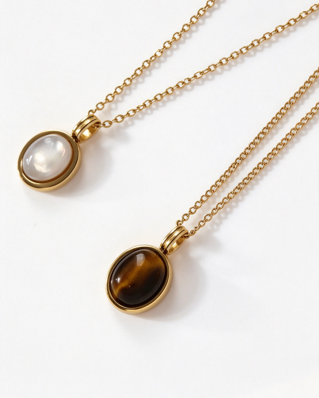 Gold-Plated Stainless Steel Gemstone Pendant Necklace - Tiger's Eye & Mother of Pearl Variants