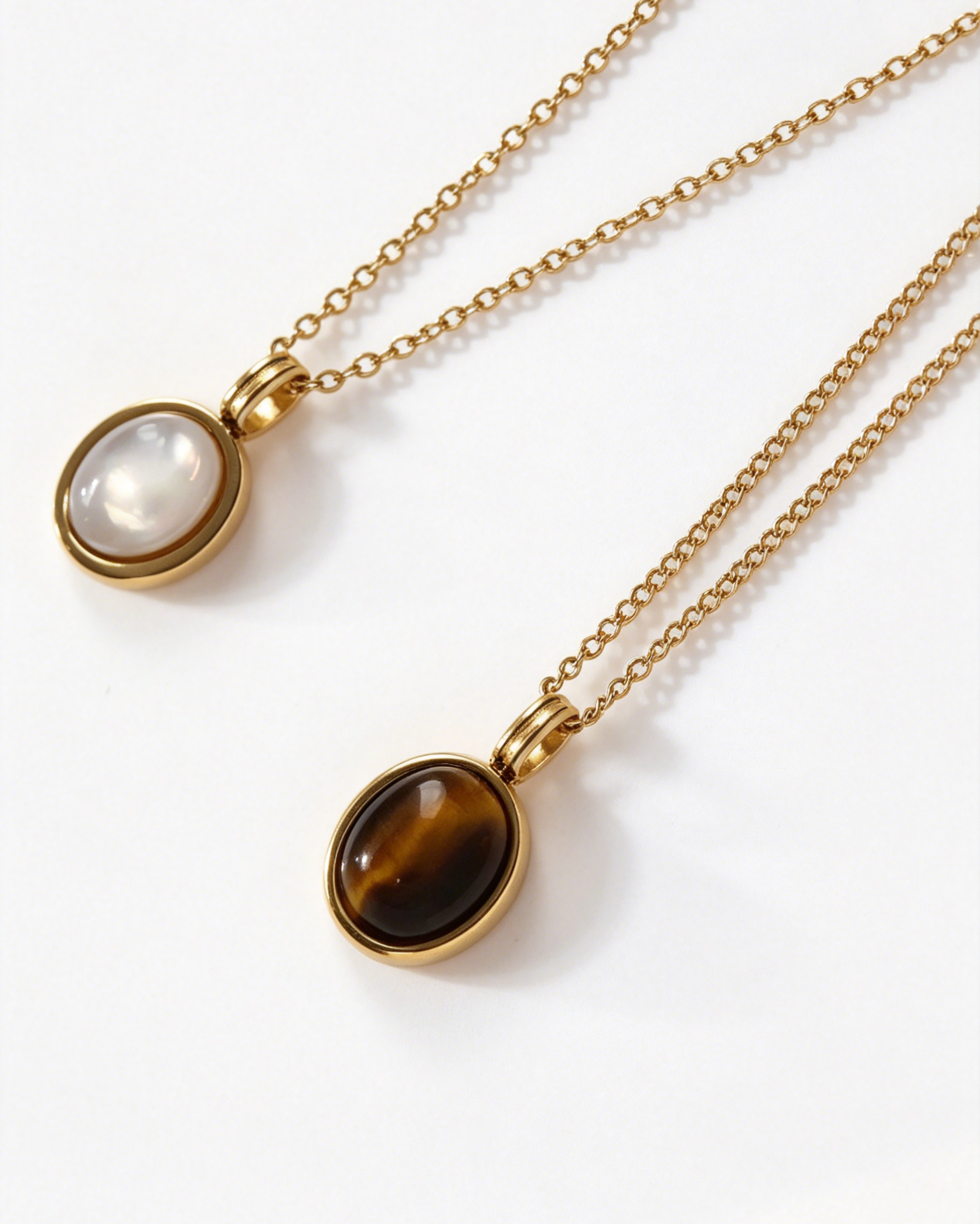 Gold-Plated Stainless Steel Gemstone Pendant Necklace - Tiger's Eye & Mother of Pearl Variants