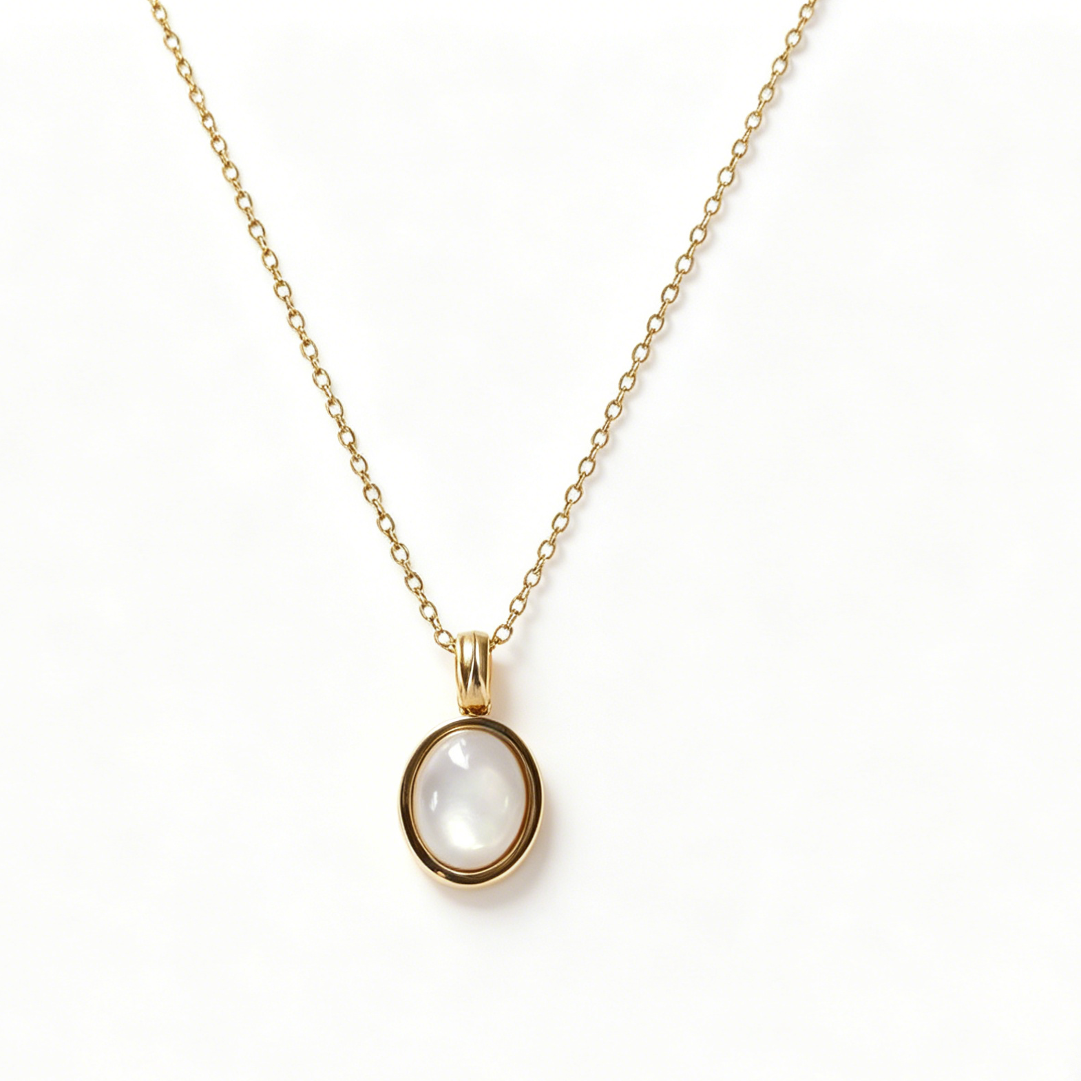 Gold-Plated Stainless Steel Gemstone Pendant Necklace - Tiger's Eye & Mother of Pearl Variants