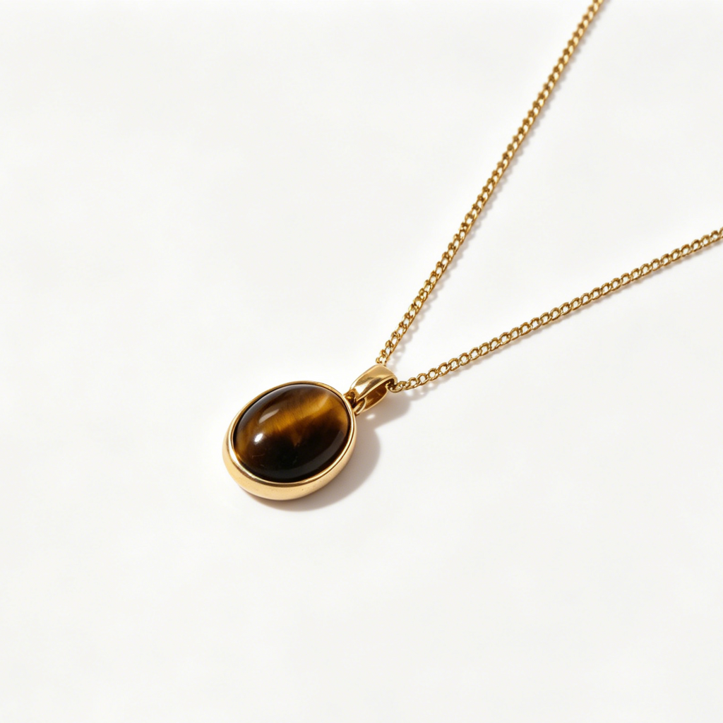 Gold-Plated Stainless Steel Gemstone Pendant Necklace - Tiger's Eye & Mother of Pearl Variants