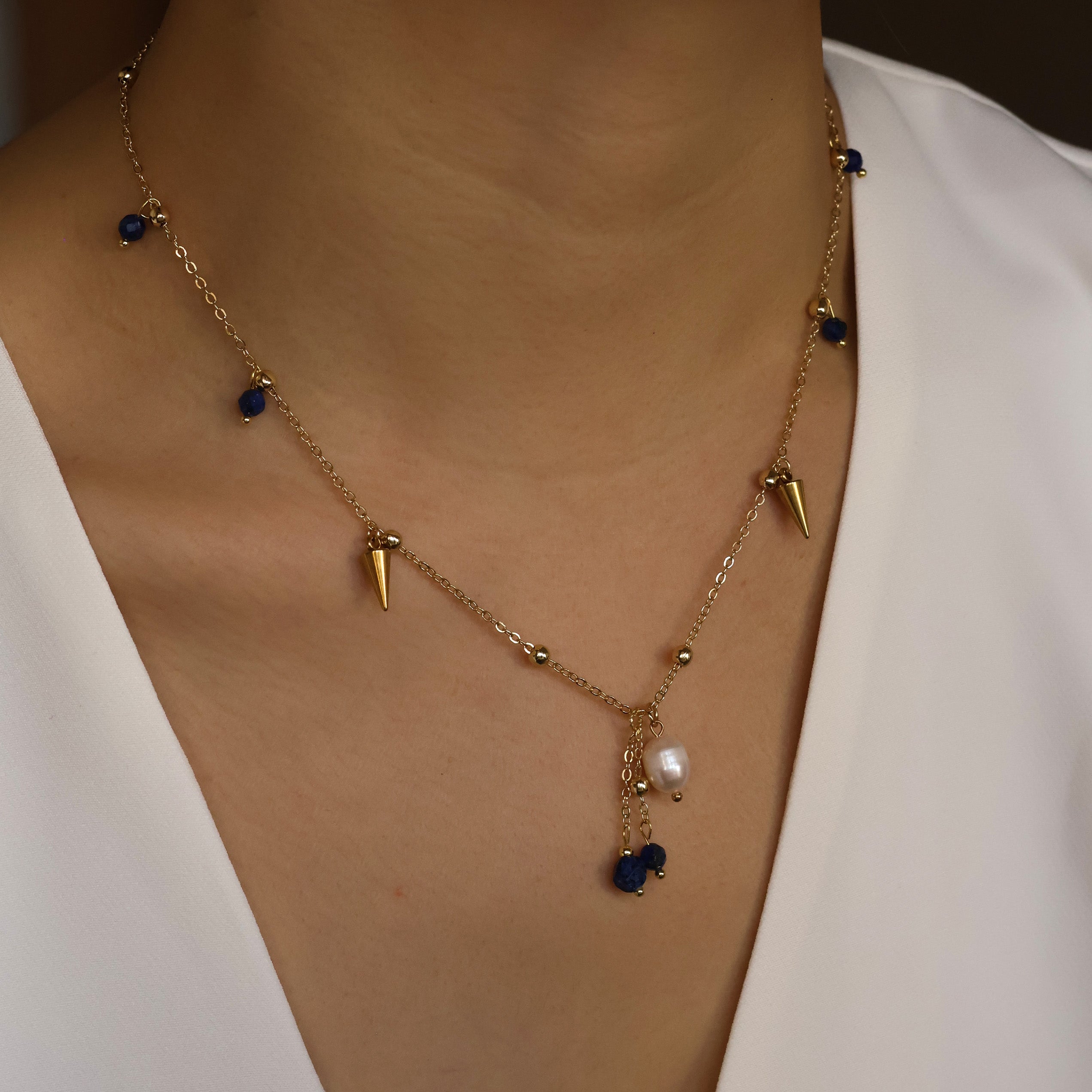 Lapis Dream handmade necklace with natural lapis lazuli beads and freshwater pearl