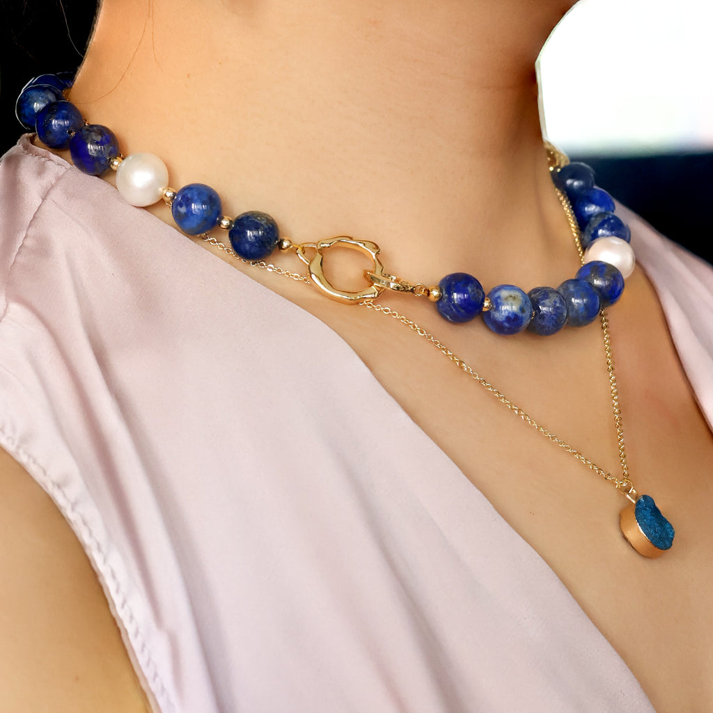 Athena Natural Lapis Lazuli Necklace with Freshwater Pearl