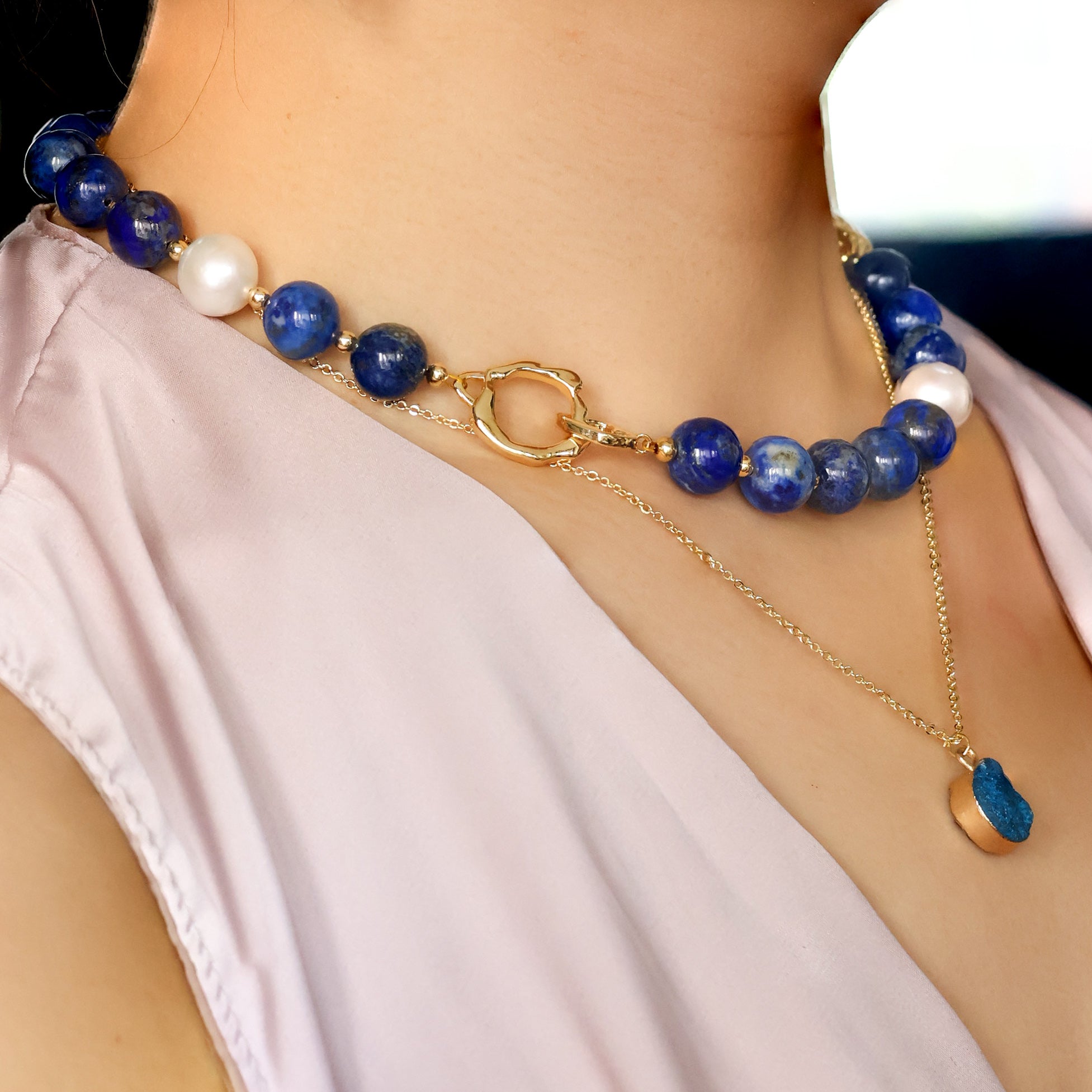Athena Natural Lapis Lazuli Necklace with Freshwater Pearl