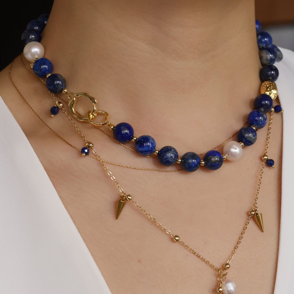 Athena Natural Lapis Lazuli Necklace with Freshwater Pearl