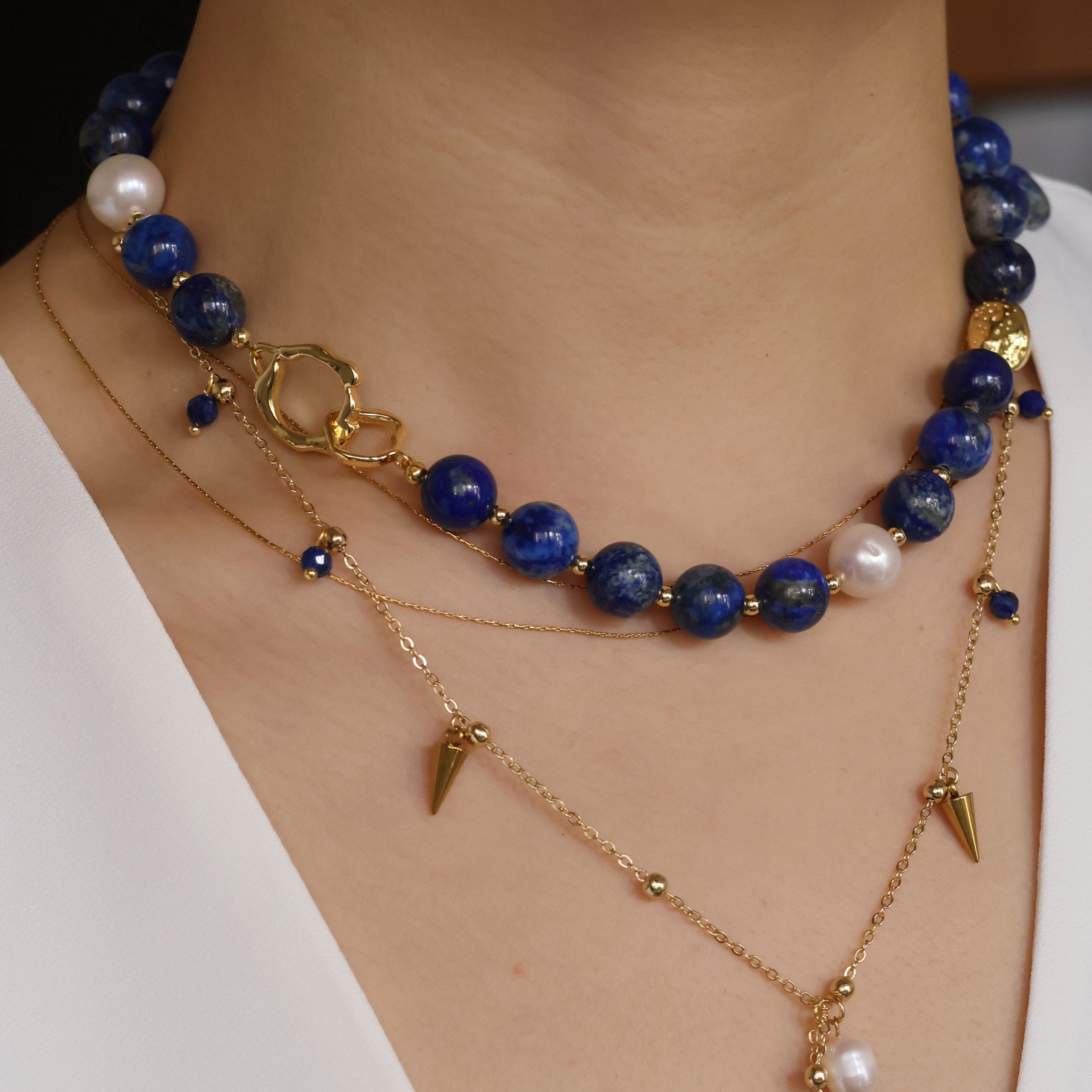 Athena Natural Lapis Lazuli Necklace with Freshwater Pearl