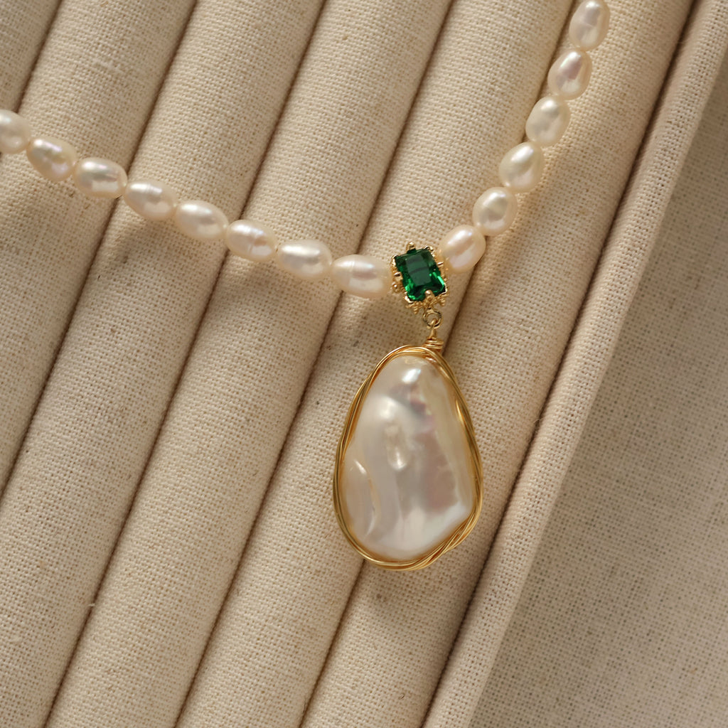 Verde Gem Baroque Pearl Necklace handmade