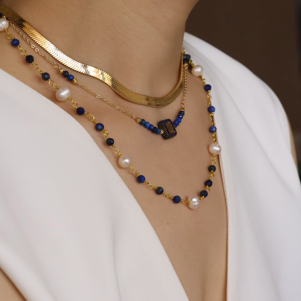 Floating Lapis Lazuli and pearl long necklace