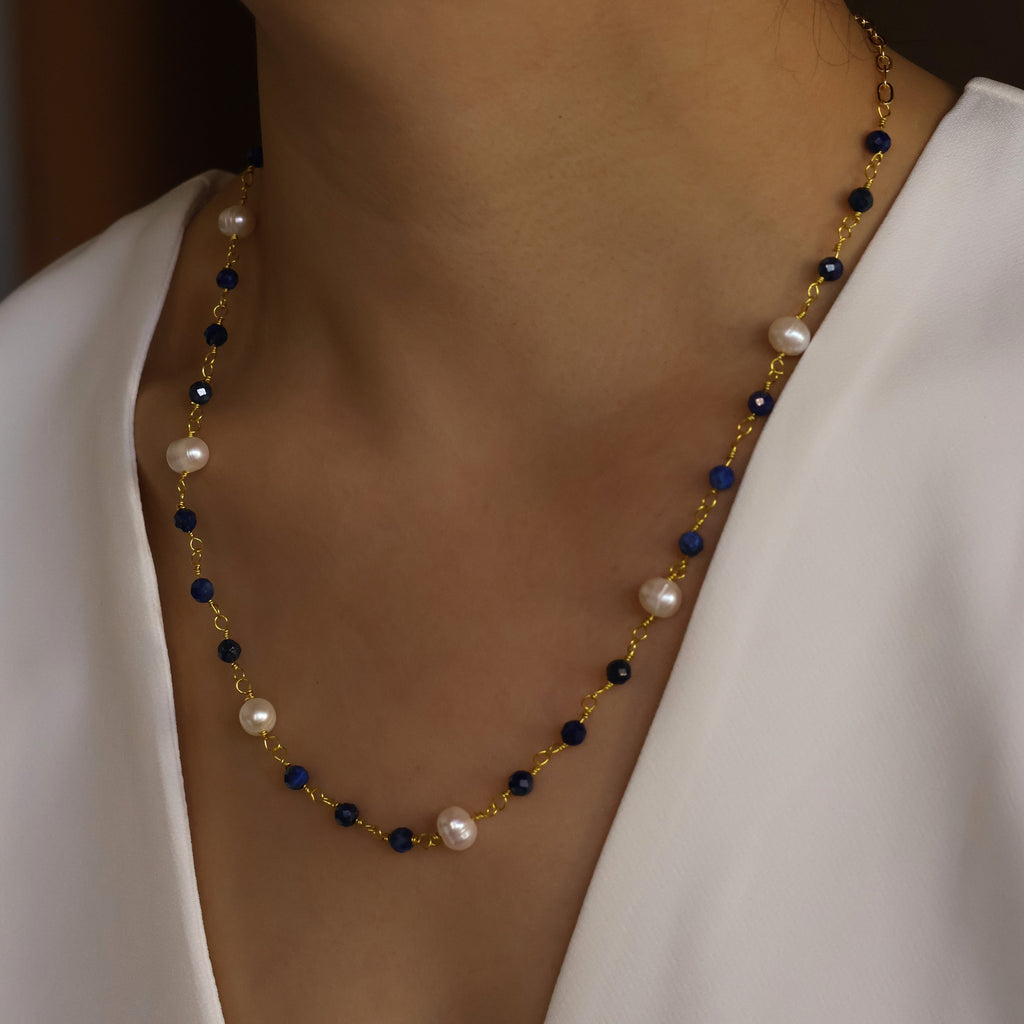 Floating Lapis Lazuli and pearl long necklace