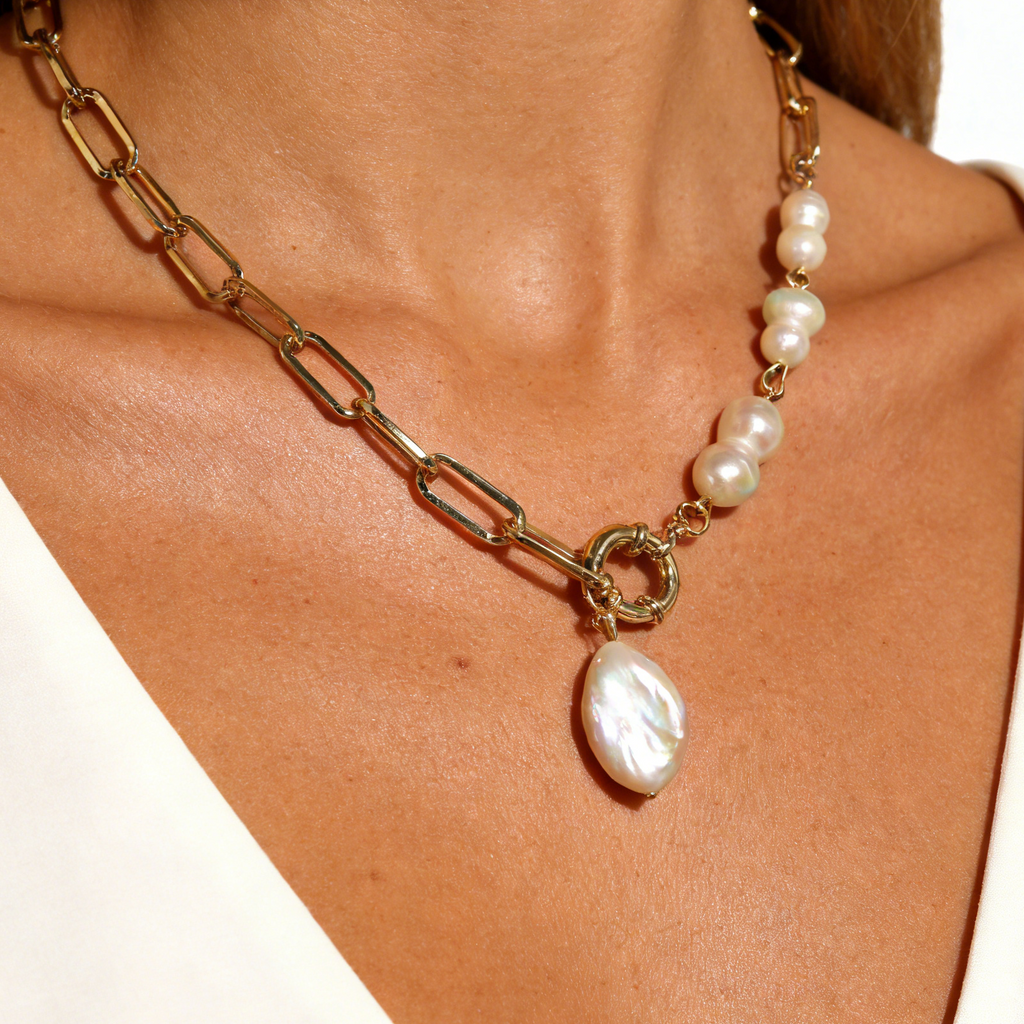 Ingrid baroque pearl necklace with chunky gold plated chain