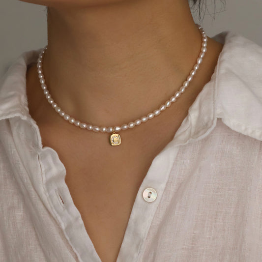 Handmade natural rice pearl necklace with initial
