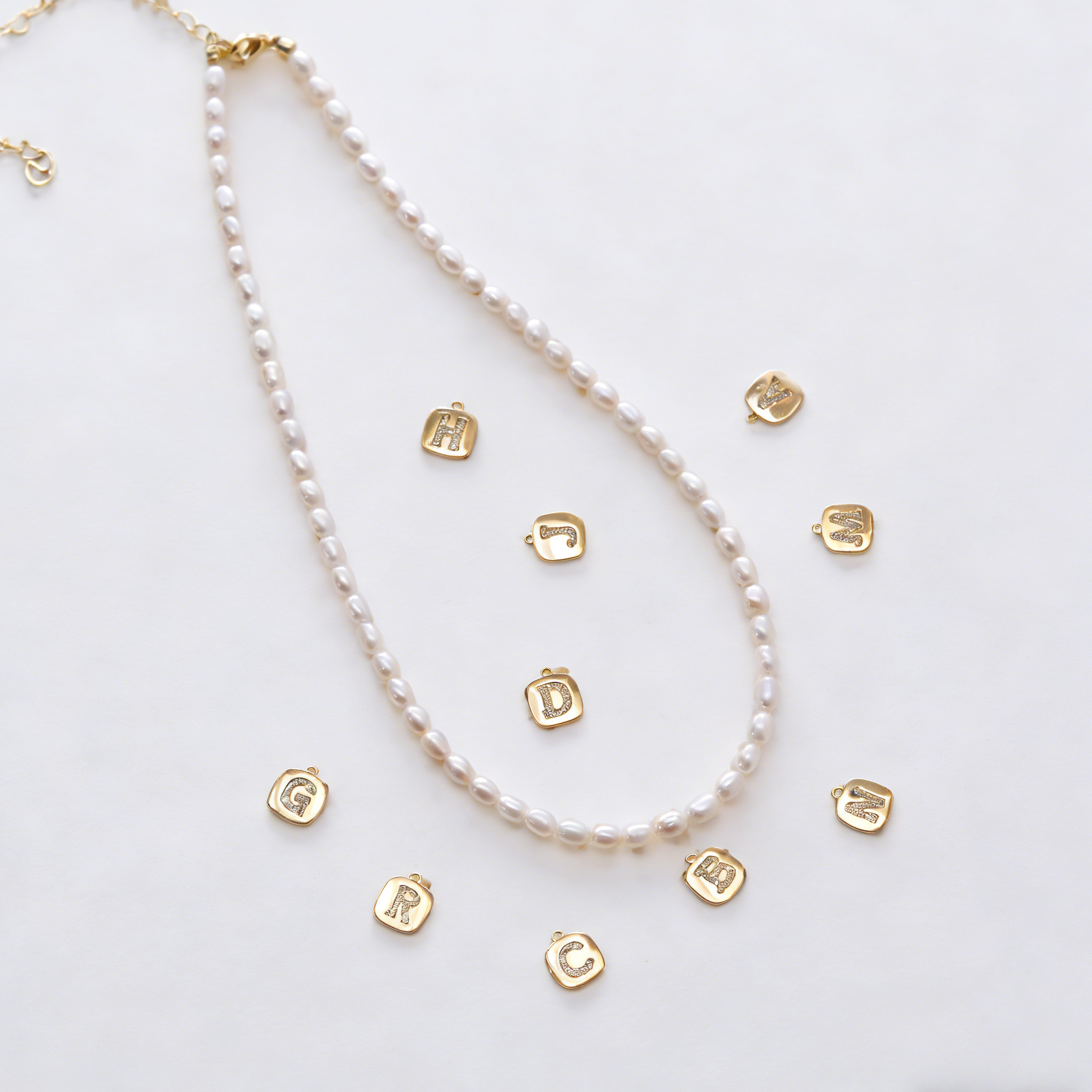 Handmade natural rice pearl necklace with initial