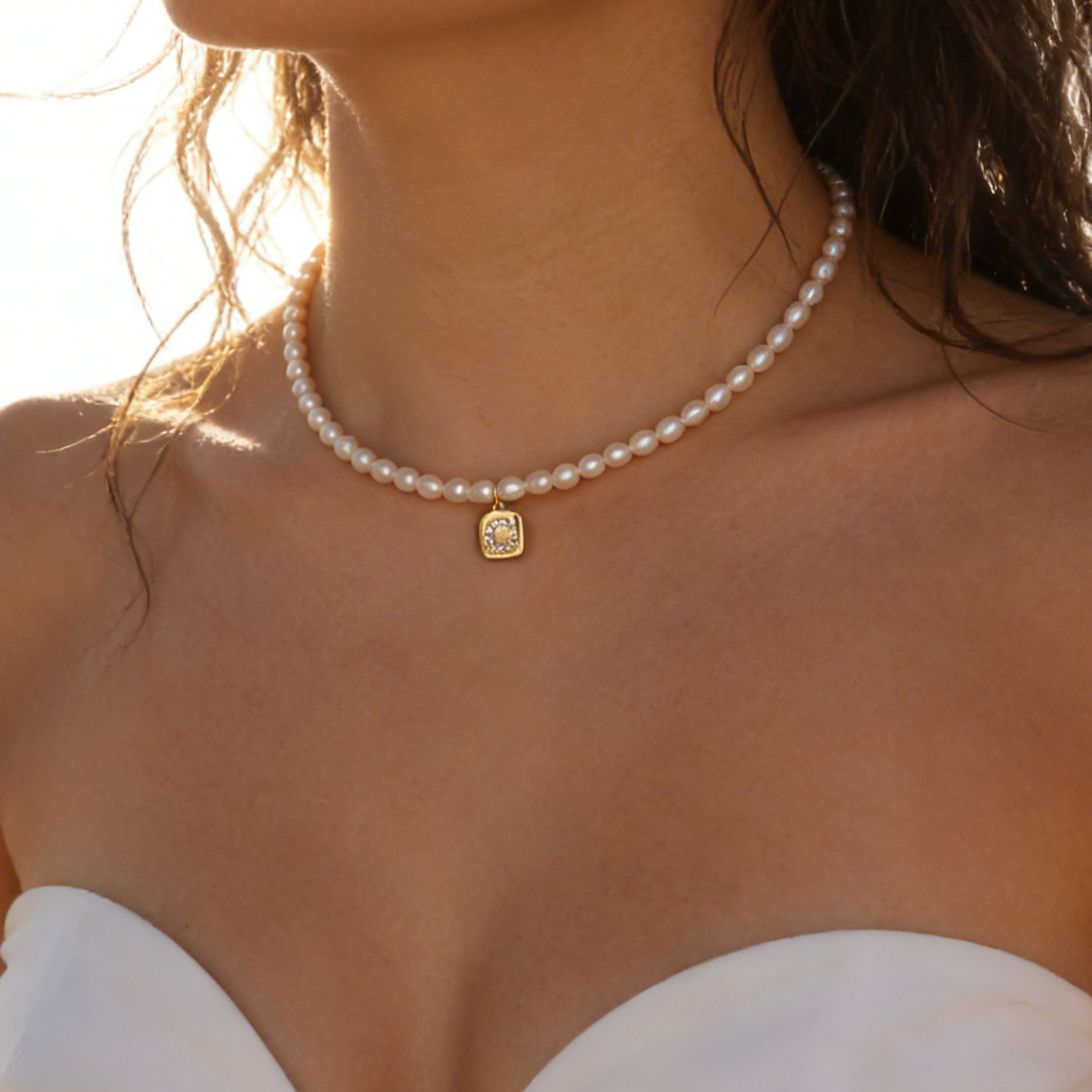 Handmade natural rice pearl necklace with initial