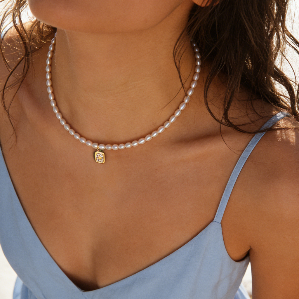 Handmade natural rice pearl necklace with initial
